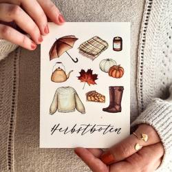 frollein luecke illustrierte postkarten herbstboten regenschirm pullover stiefel wunderschoen-gemacht