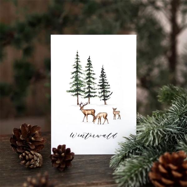frollein luecke illustrierte weihnachtskarten winterwald rehe baeume wunderschoen-gemacht frollein luecke illustrierte weihnachtskarten winterwald rehe baeume wunderschoen-gemacht