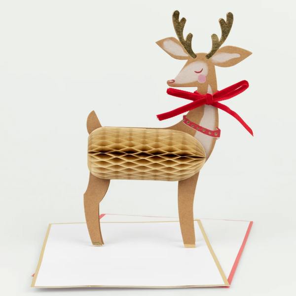 meri meri stand up weihnachtskarte honeycomb rentier rote schleife wunderschoen-gemacht