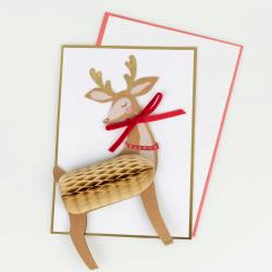 meri meri stand up weihnachtskarte honeycomb rentier rote schleife wunderschoen-gemacht