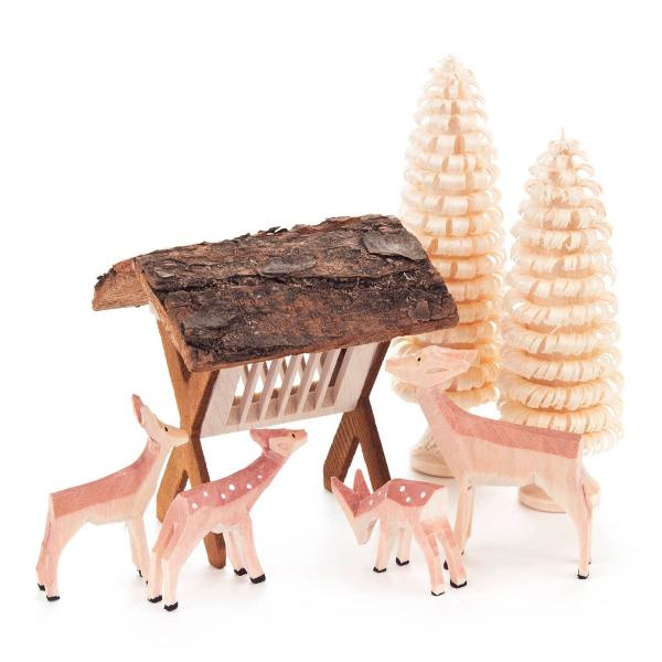dregeno holz deko rehe bambis handgeschnitzt mit futterraufe wunderschoen-gemacht