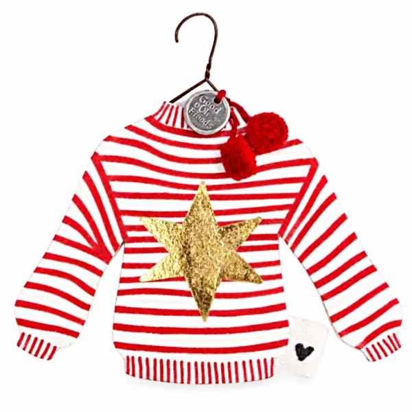 good old friends winterpulli pullover rot weiss gestreifter goldener stern wunderschoen-gemacht