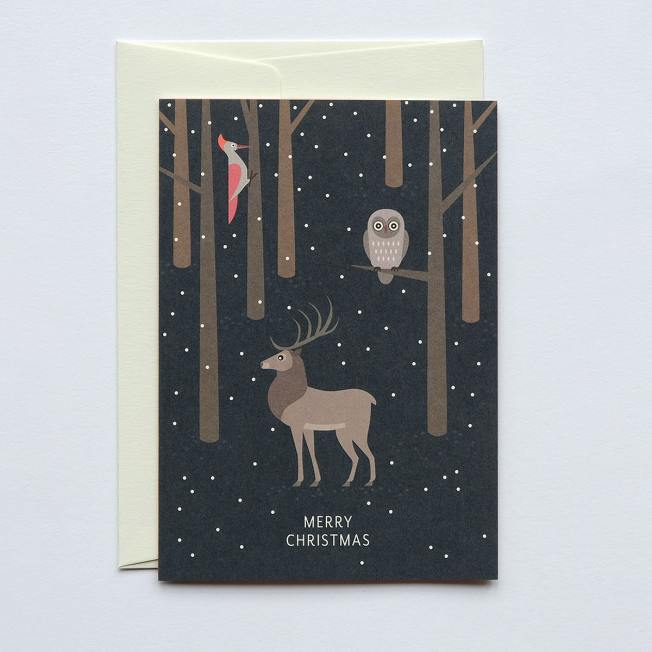 haferkorn & sauerbrey grusskarten deer owl hirsch eule specht merry christmas wunderschoen-gemacht